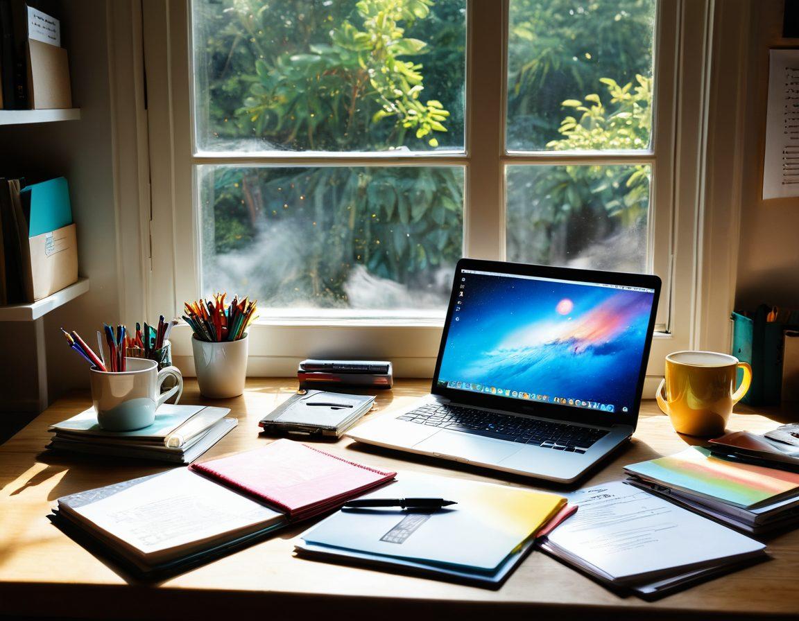A creative workspace showcasing a laptop with a notepad and colorful pens scattered around, surrounded by inspiration boards filled with ideas and drafts. A coffee cup rests nearby, emitting steam, and a window shows a bright, sunny day outside. The atmosphere exudes a sense of motivation and creativity, ideal for crafting content. vibrant colors. super-realistic. cozy ambiance.