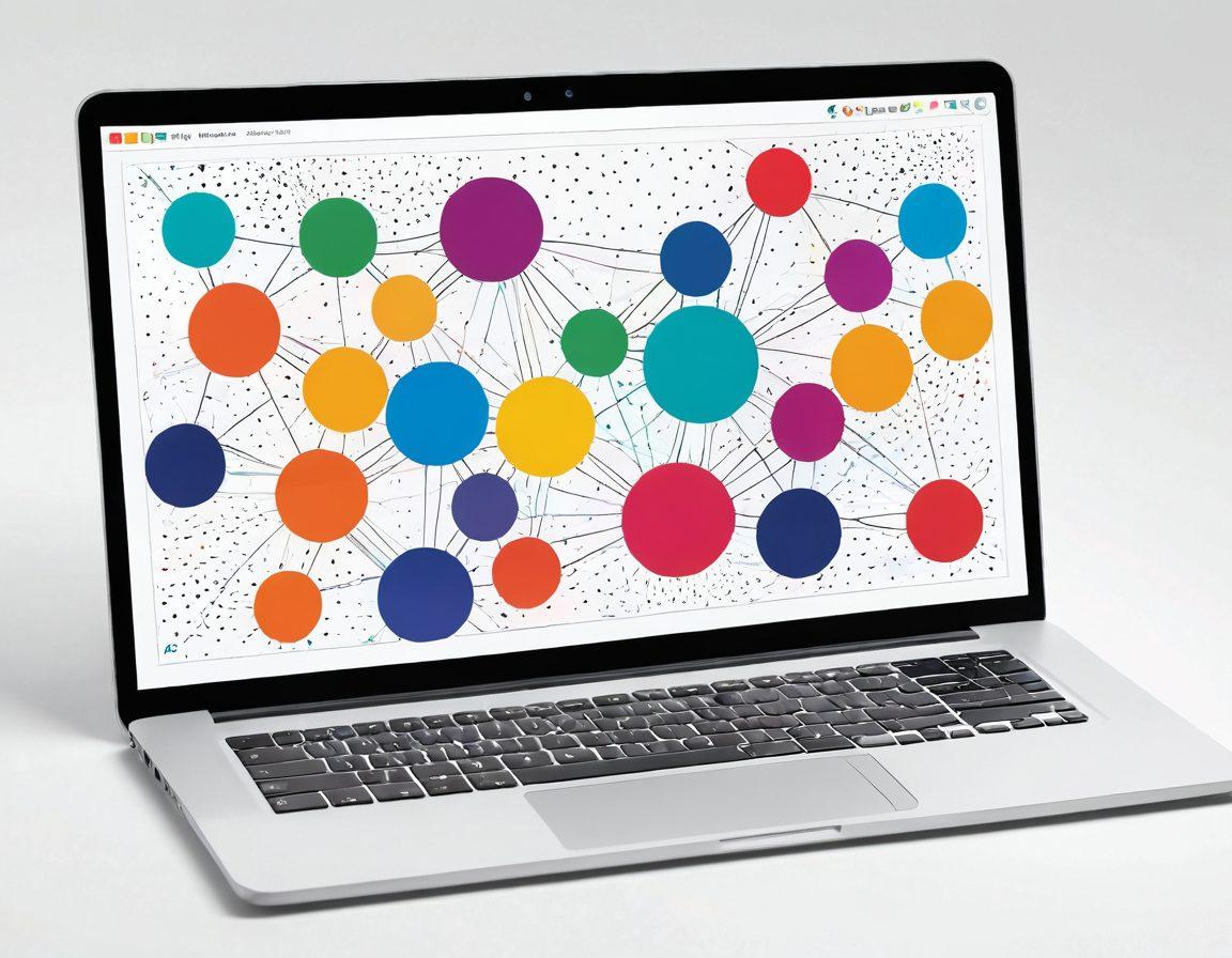 A vibrant digital journal displayed on a sleek laptop screen with glowing connections forming between different community members represented as colorful dots and lines. Surrounding the journal are diverse individuals in various activities such as writing, sharing ideas, and collaborating, symbolizing engagement and community. The background features soft, abstract shapes that evoke creativity and connection. super-realistic. vibrant colors. white background.