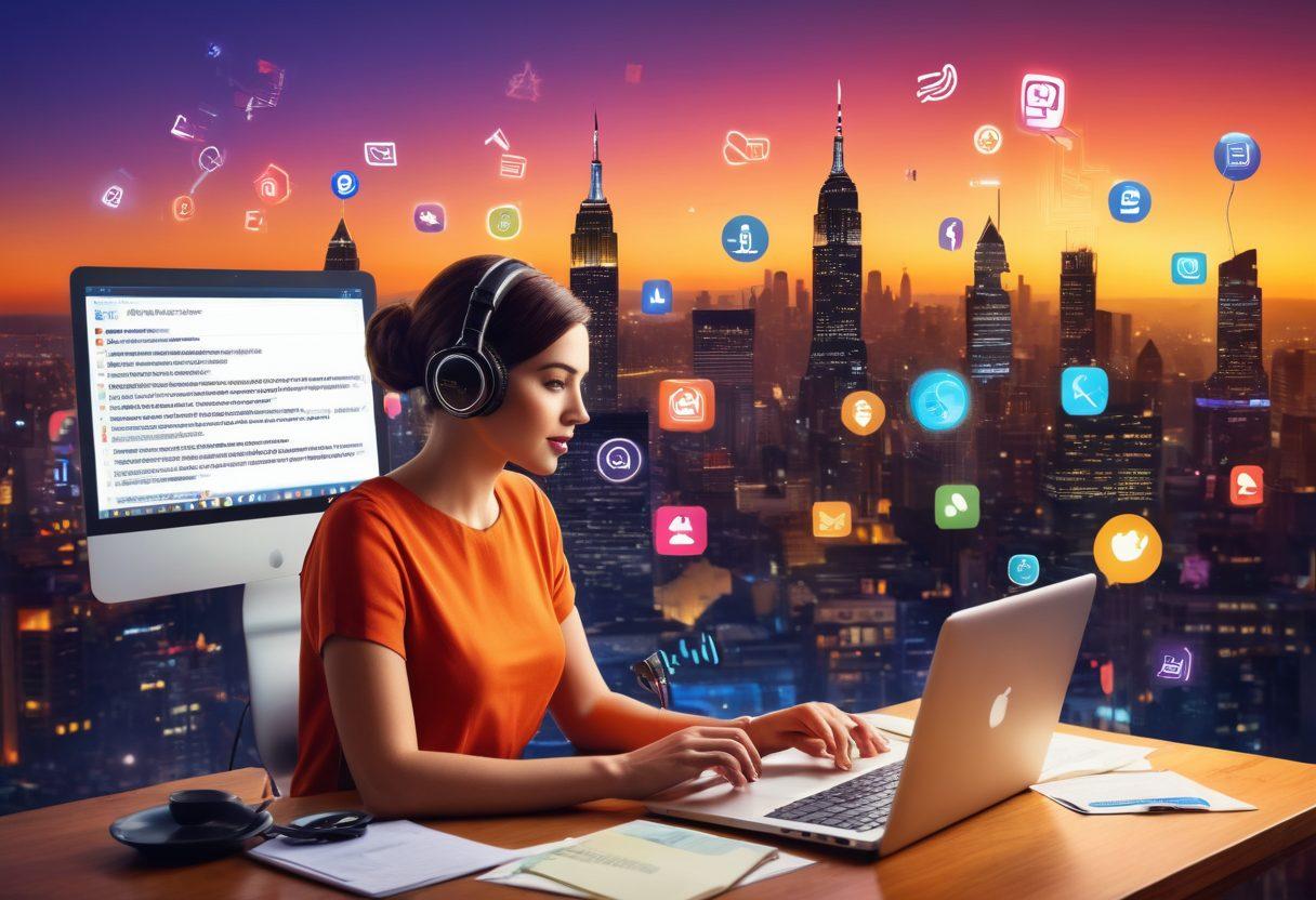 A person confidently speaking into a vintage microphone, surrounded by colorful digital icons representing various blogging platforms, with a glowing laptop and notes scattered around. The backdrop features a vibrant city skyline at dusk, symbolizing the digital age. The scene conveys empowerment and creativity in blogging. vibrant colors. super-realistic.